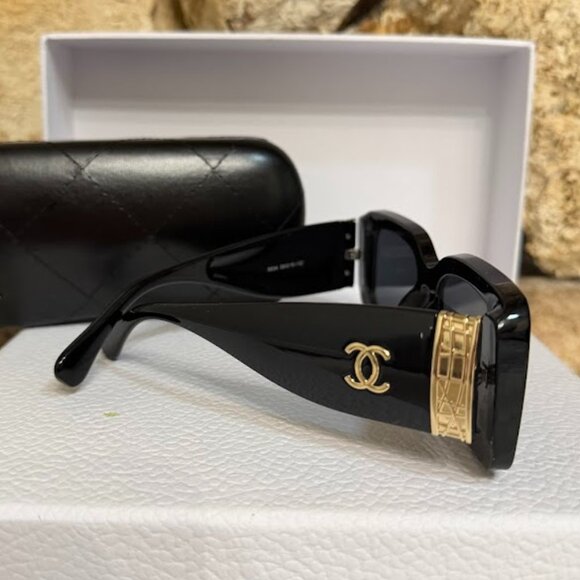 Chanel 5534 Black Oversized Rectangular Sunglasses Gold Logo main image 4